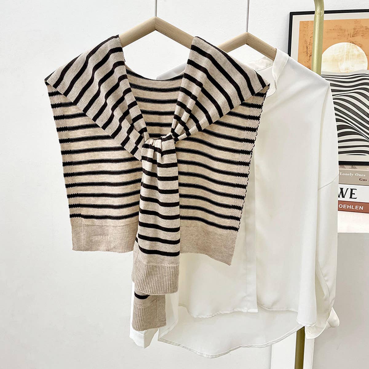 STRIPED KNITTED OUTER SHAWL_CWASC0758: KHAKI / (OS) 1
