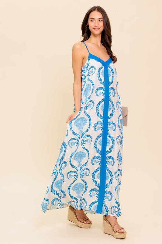Printed woven maxi dress: Ivory & Blue