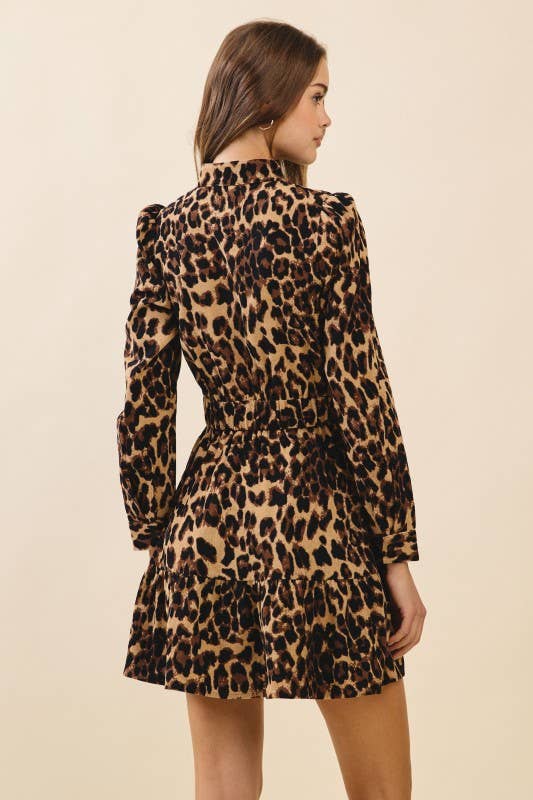 Leopard Print Fitted Waist Mini Shirt Dress: Brown