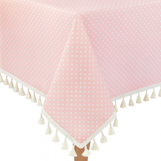 White Polka Dots Tasseled Pink Cotton Blend Tablecloth: 55x55