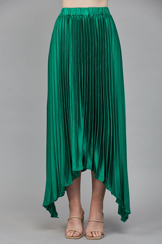 PLEATING DETAIL ASYMMETRICAL MIDI SKIRT:EMERALD GREEN