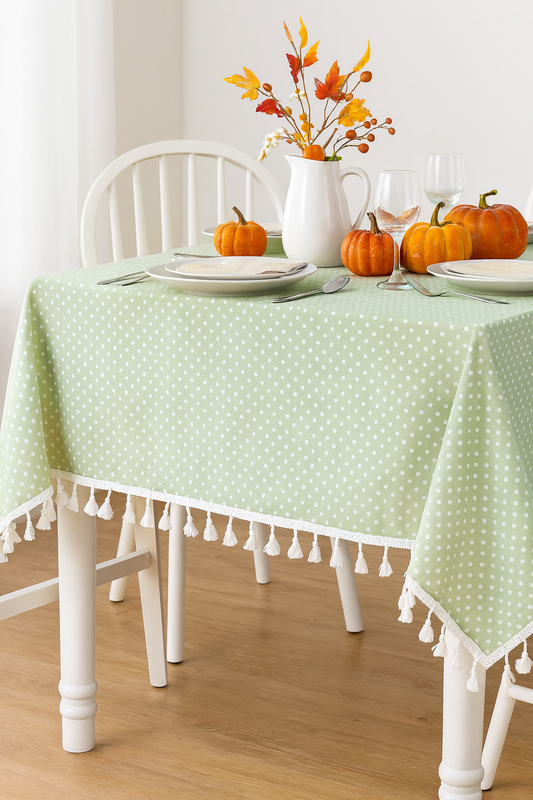 Rustic Polka Dots Tasseled Green Cotton Blend Tablecloth: 55x55