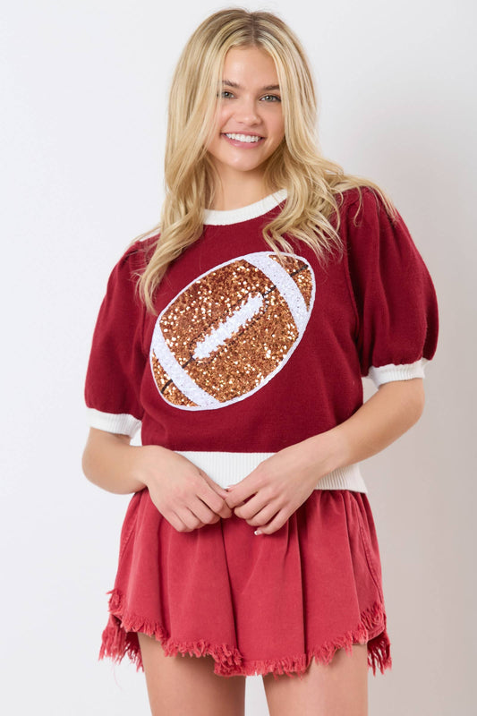 Football Sequin Embroidery Sweater: Crimson & White