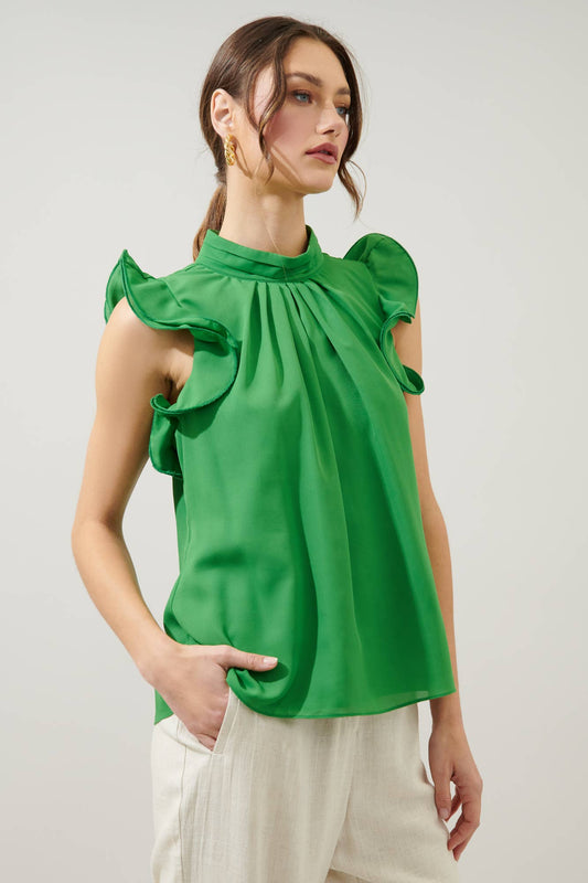Kendra Mock Neck Wire Ruffle Sleeve Blouse: Kelly Green
