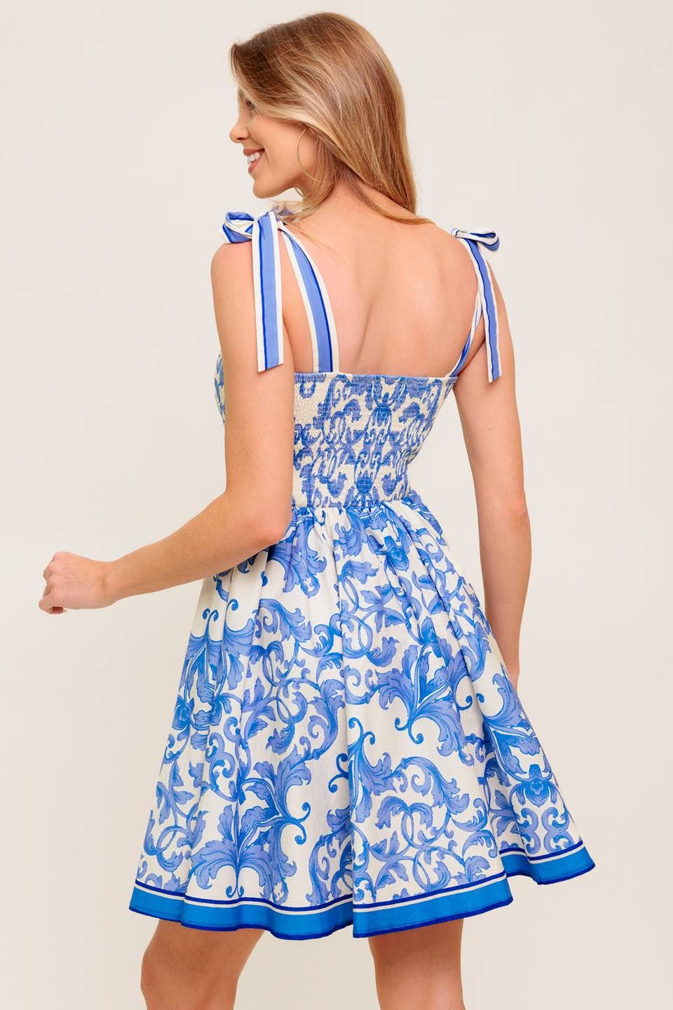 Print Tie Top Dress: Ivory & Blue