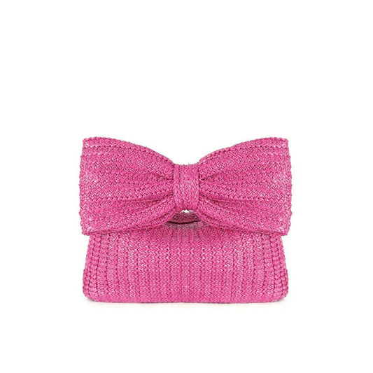 Bow straw clutch, Hot pink