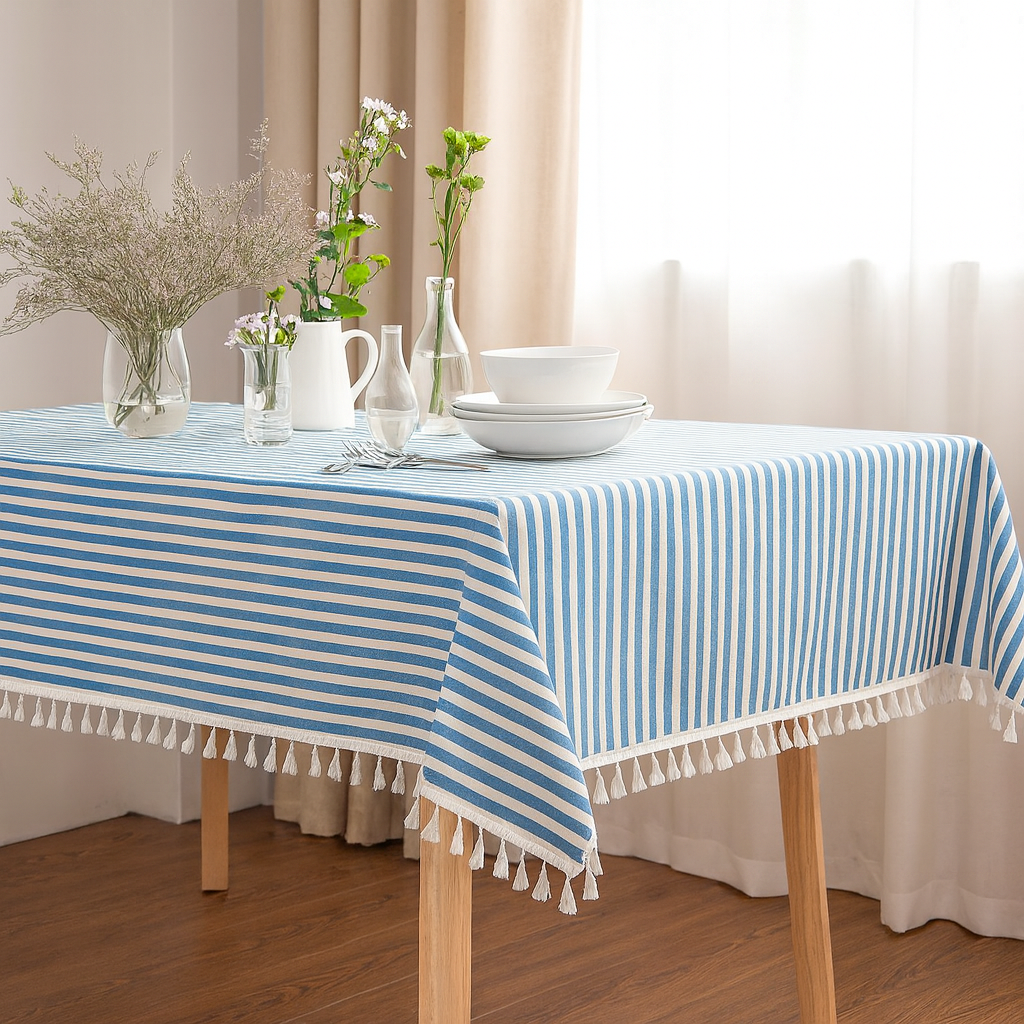 French Blue Simply Striped Tasseled Cotton Blend Tablecloth: 55"x55"