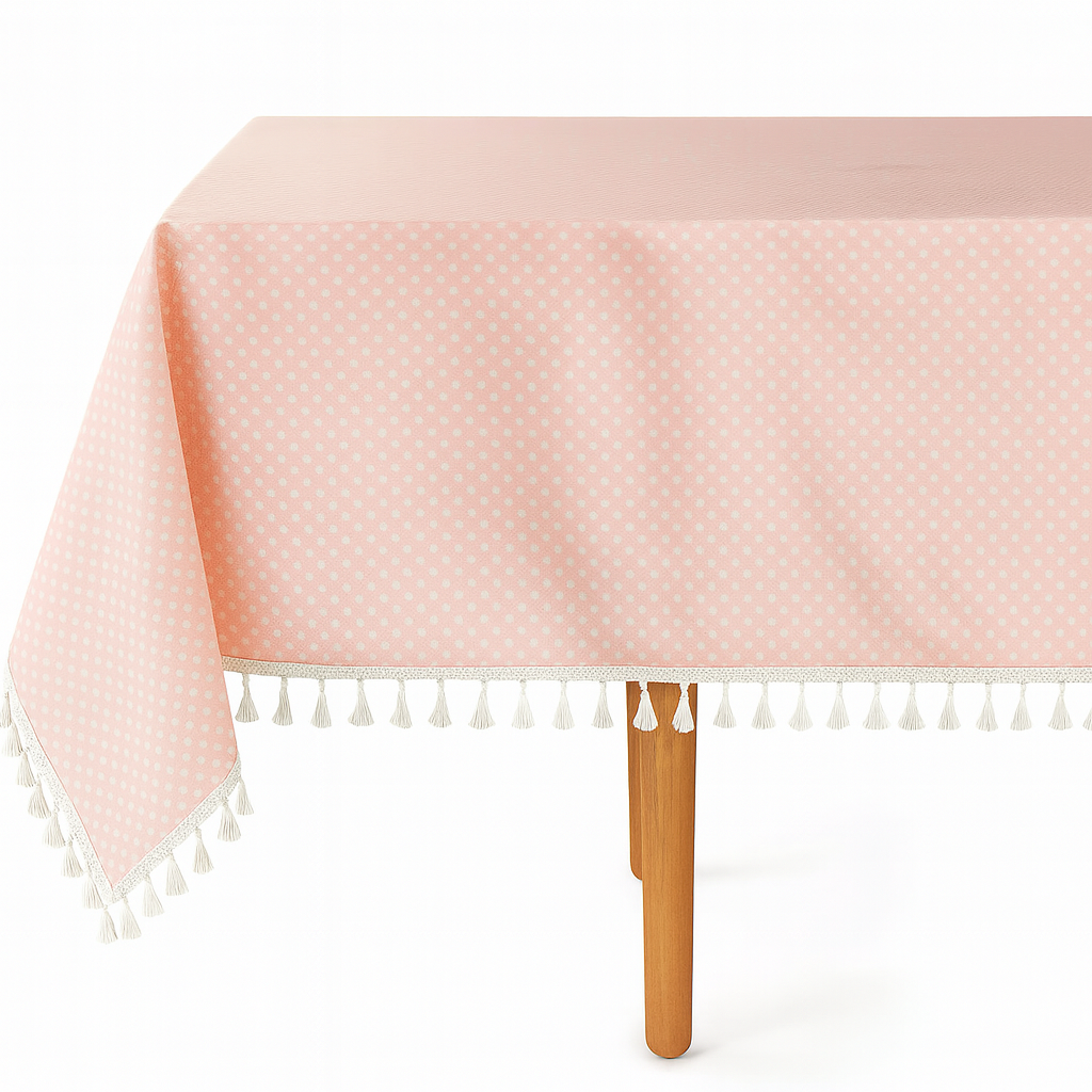 White Polka Dots Tasseled Pink Cotton Blend Tablecloth: 55x55