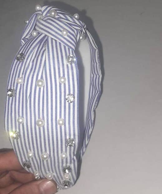 Sydney Striped Blue White Spring Pearl Rhinestone Headband