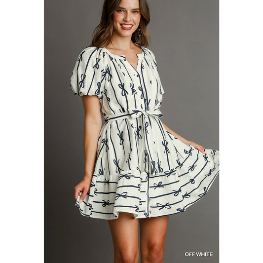 Bow Print Dress, White & Navy