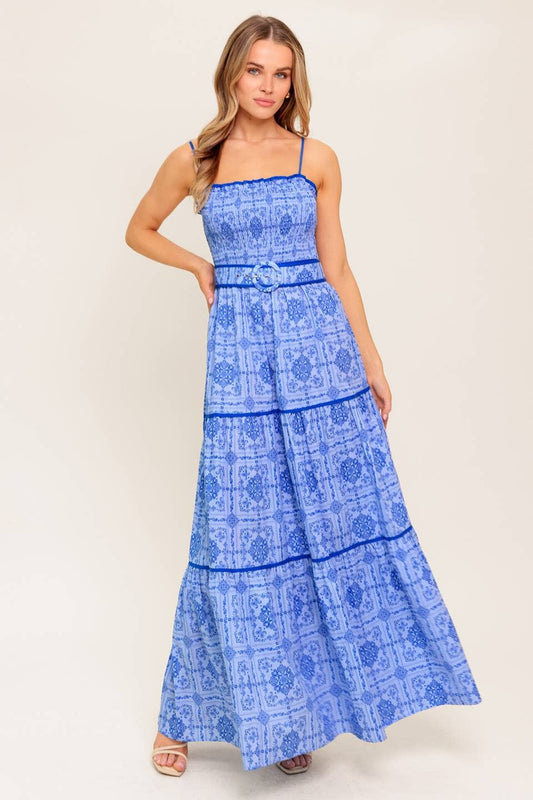 Print woven maxi dress with belt: Blue