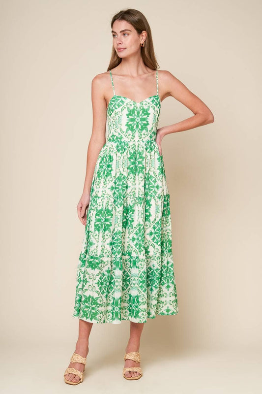 *PREORDER* Print Sundress Midi: Green & Ivory
