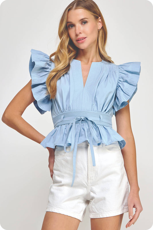 Flutter Sleeve Peplum Poplin Top: Chambray