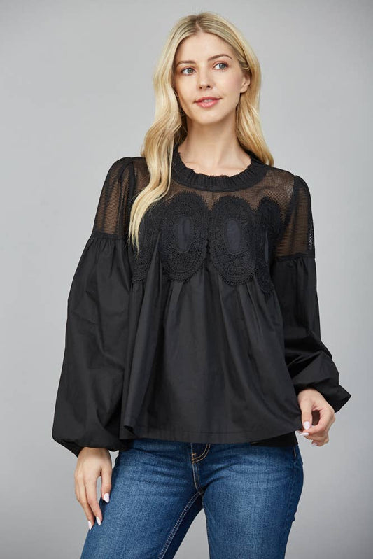 LACE APPLIQUE DETAIL MIXED MEDIA LONG SLV BLOUSE: BLACK
