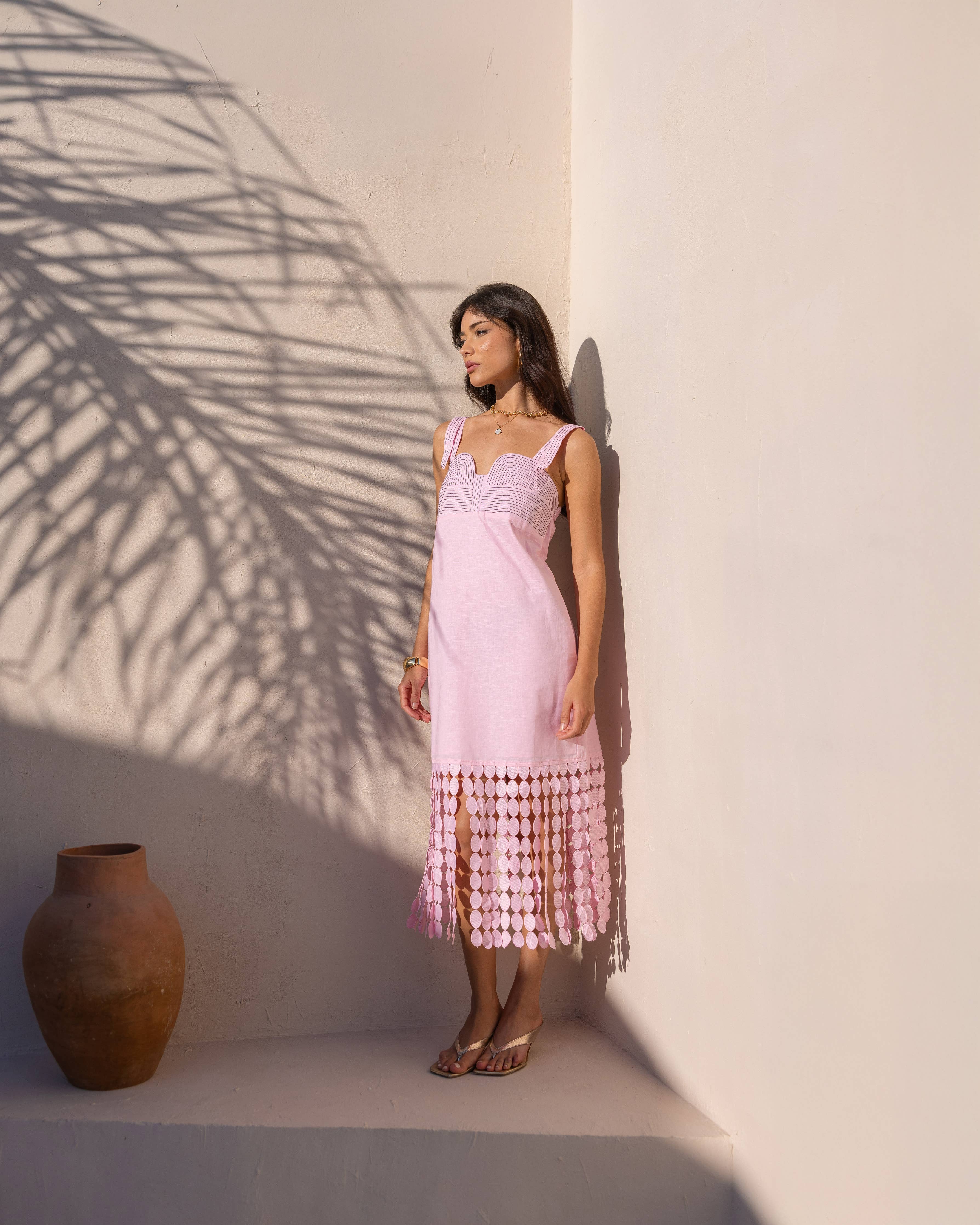strapless open back dress Dotted Lace Fringe Linen Midi Dress: Pink Lilac