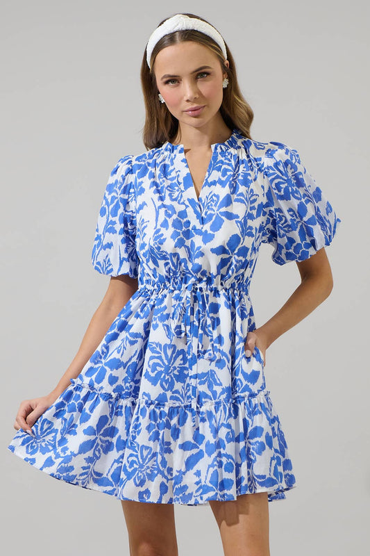 Shia Floral Noella Shift Mini Dress: White & Blue