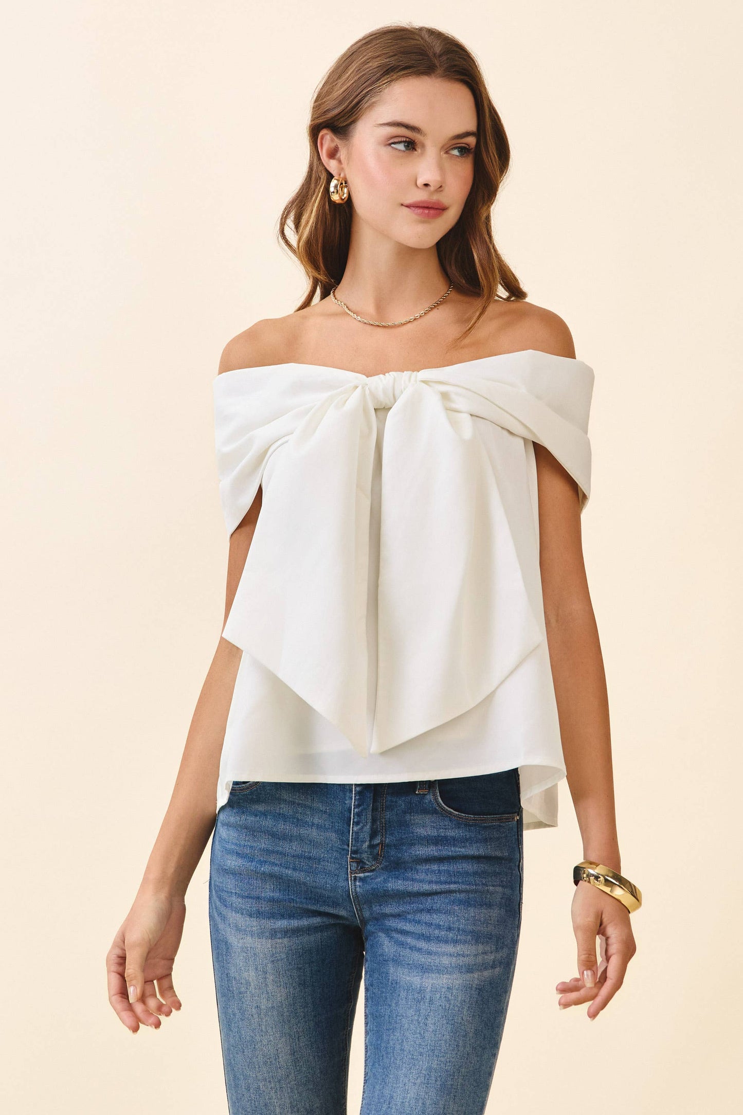 CT9079-Bow Accented Off The Shoulder Top: Red / L