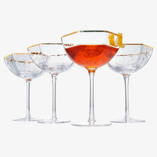 Crystal Coupe Gold Rim Hexagonal Angled | Set of 4 | 6oz