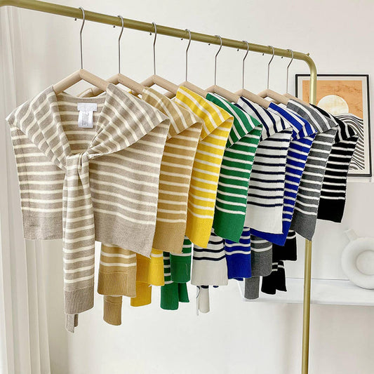 STRIPED KNITTED OUTER SHAWL_CWASC0758: Black / (OS) 1