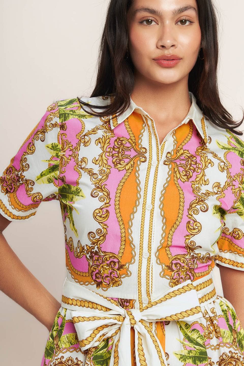 A printed woven mini shirt dress - ID23207: OFF WHITE PINK ORANGE / Contemporary / S