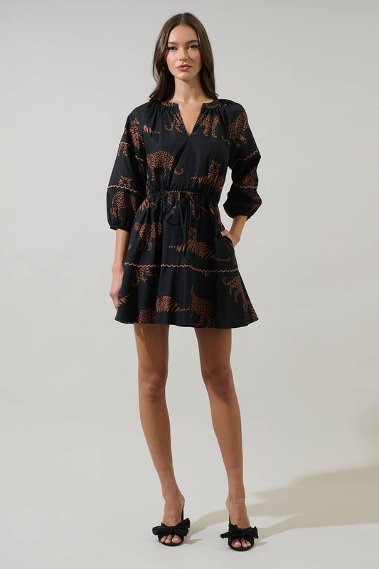 Zenzi Jungle Dabria Split Neck Mini Dress: BlackTan