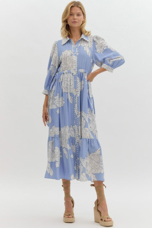 Floral Button Up Midi: Blue & White