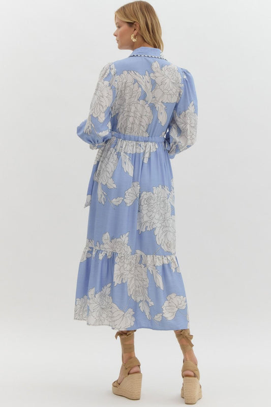 Floral Button Up Midi: Blue & White