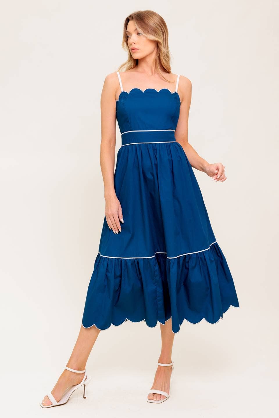 Solid Scallop Sundress Midi: Navy & White