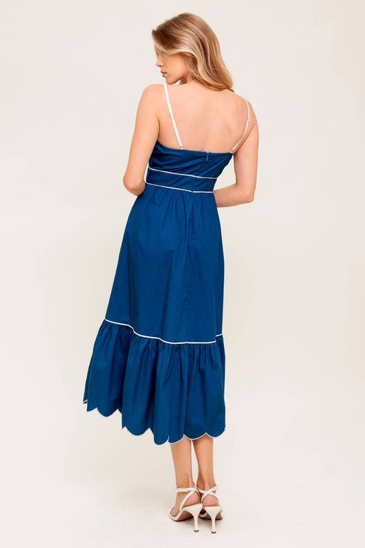 Solid Scallop Sundress Midi: Navy & White