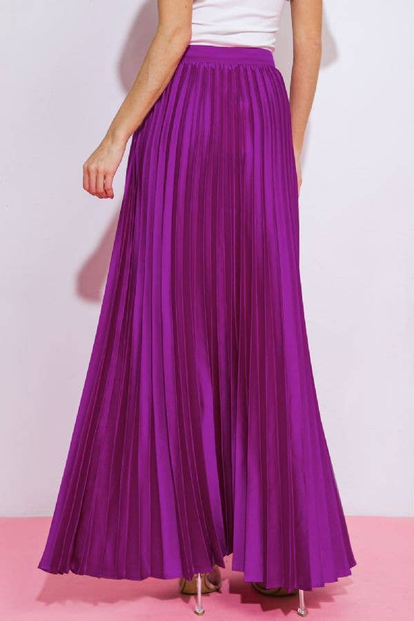 A solid satin fully pleated maxi skirt -IK7468: MAGENTA / S