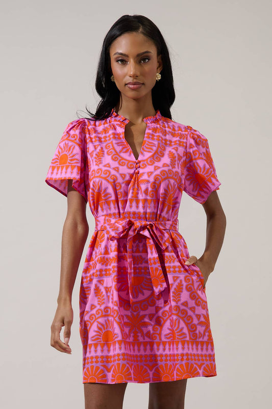 Tarie Tropical Ema Shift Mini Dress: PINK-ORANGE