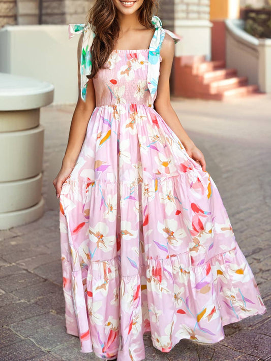 Floral Print Knotted Shoulder Smocked Maxi Dress: Pink