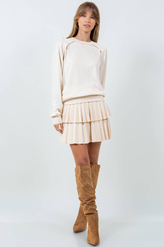 DOUBLE PLEATED KNITTED MINI SKIRT - CREAM