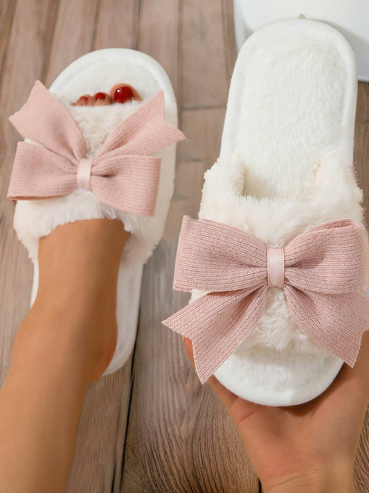 Bow Knot Decor Open Toe Plush Slippers: White