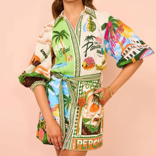 Paradise multi print mini dress Casual belt Shirt Dress