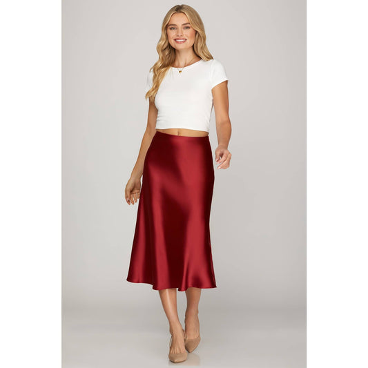 SATIN BIAS MIDI SKIRT: RED
