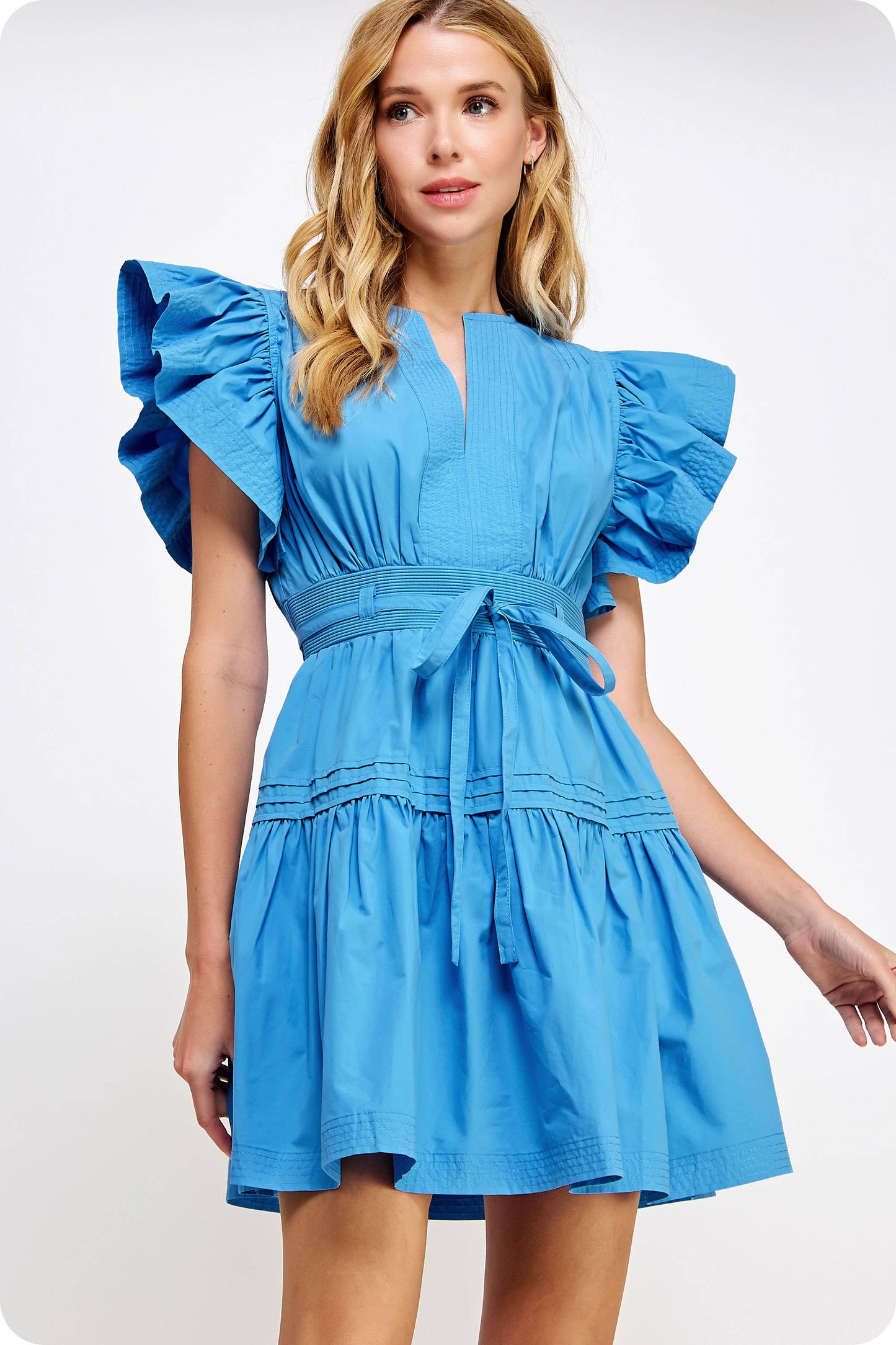 Flutter Sleeve Poplin Mini Dress: Azure Blue