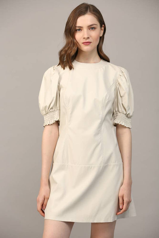 SHORT PUFF SLEEVE FAUX LEATHER DRESS