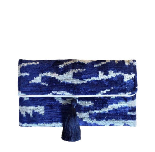 Silk Velvet Ikat Clutch, Indigo & White