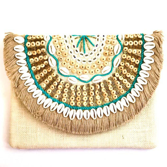 Burlap Fringe + Shell Clutch