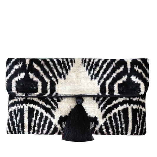 Silk Velvet Ikat Clutch, Black & White