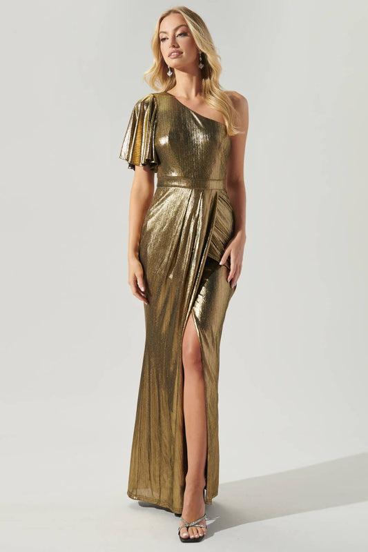 Primadonna Liquid Gold One Shoulder Maxi Gown: Gold