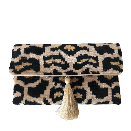 Silk Velvet Ikat Clutch, Leopard