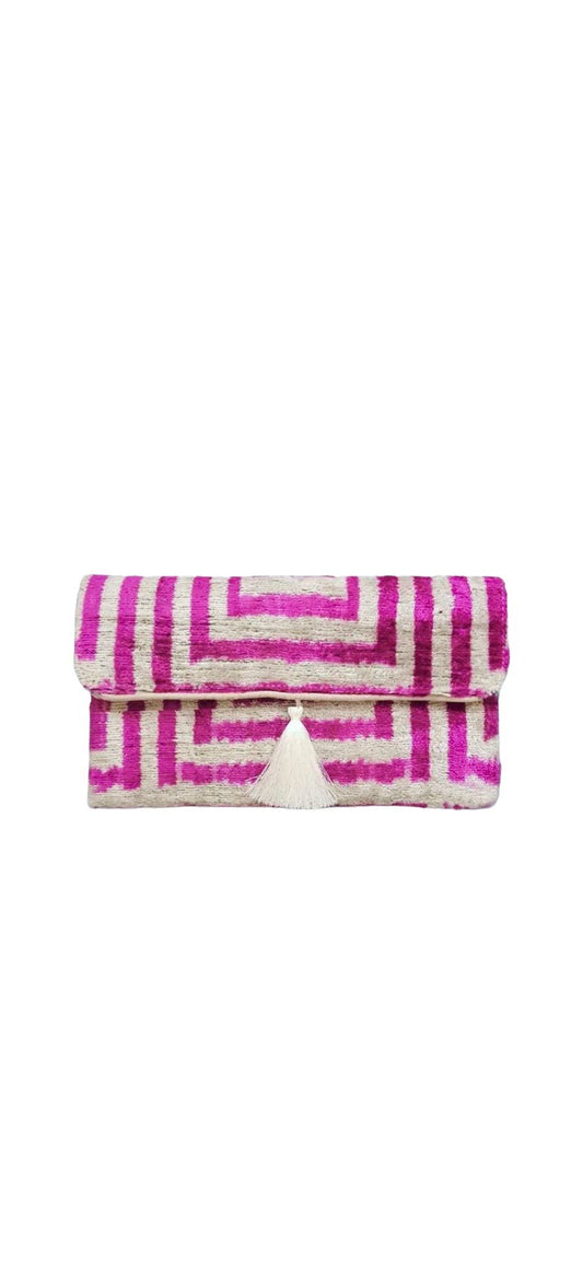 Silk Velvet Ikat Clutch, Magenta & White