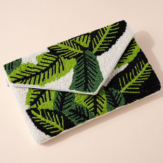 Palm Leaves Beaded Clutch Bag