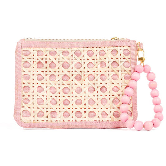 Light pink Bead & Woven Rattan Wristlet Purse