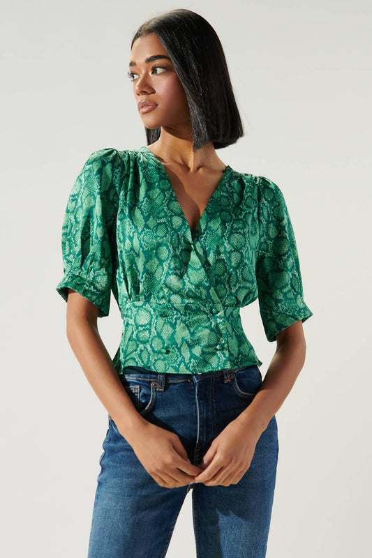 Gwendolyn Snake Print Puff Sleeve Peplum Blouse: Green