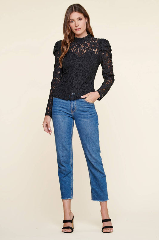 Mirage Lace Mock Neck Top: Black