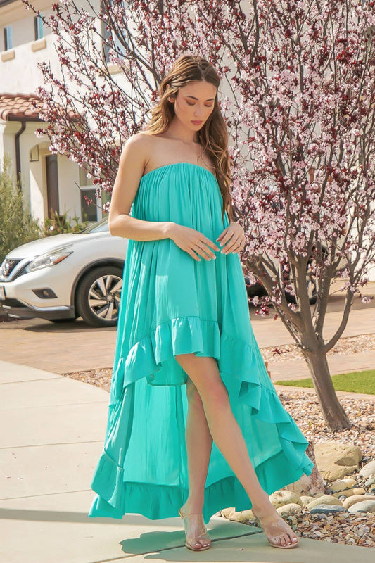 Strapless Shirred High Low Satin Dress